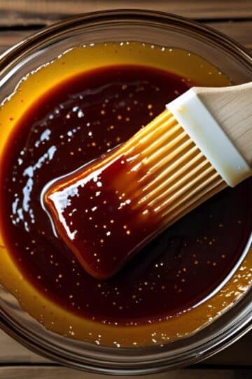 Glass bowl of golden barbecue glaze with a basting brush on a rustic wood surface
