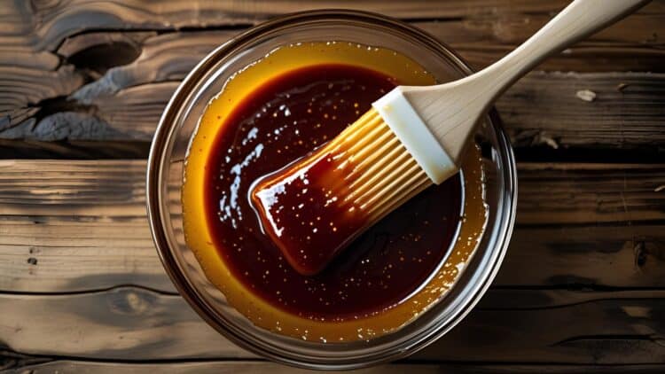 Glass bowl of golden barbecue glaze with a basting brush on a rustic wood surface