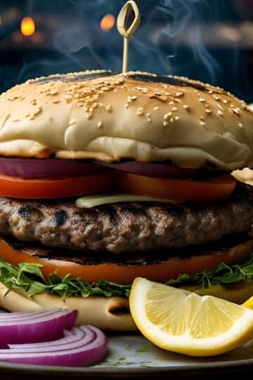 Giant Balkan-style grilled burger on a platter with pita, tomato, and lemon