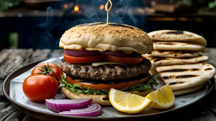 Giant Balkan-style grilled burger on a platter with pita, tomato, and lemon