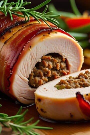 Bacon-wrapped, sausage-stuffed chicken breast sliced and plated with glaze.