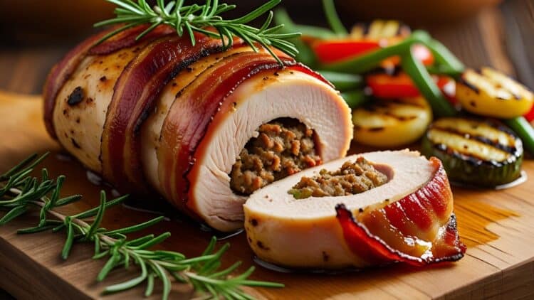 Bacon-wrapped, sausage-stuffed chicken breast sliced and plated with glaze.