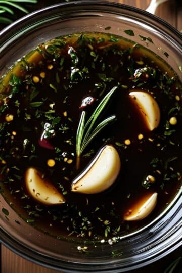 Bowl of rib marinade with herbs, garlic, and spices on a rustic table
