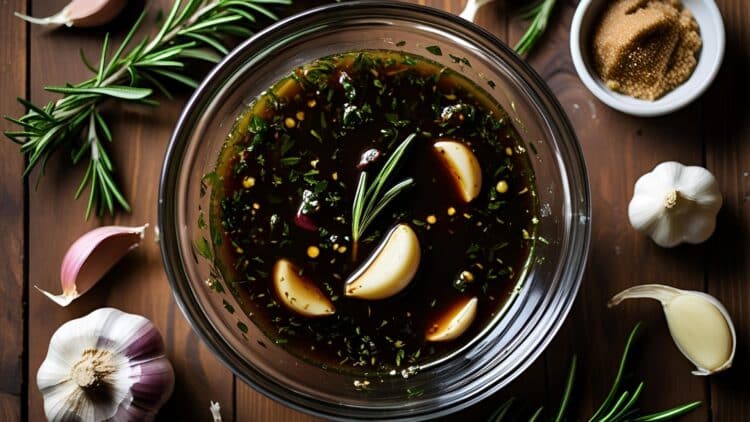 Bowl of rib marinade with herbs, garlic, and spices on a rustic table