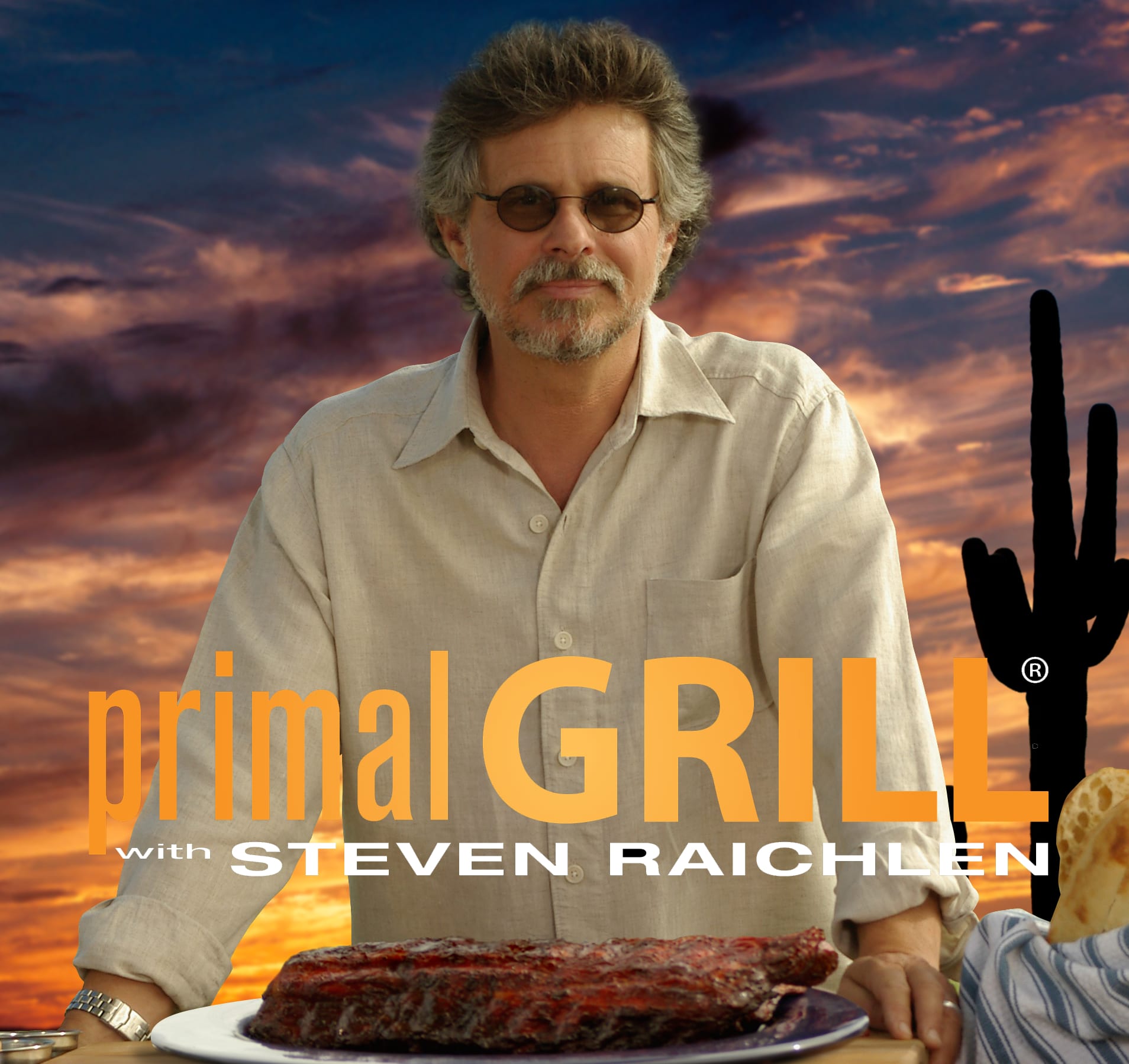 Videos & Techniques 18 Steven Raichlen sitting behind a plate of ribs with the Primal Grill logo