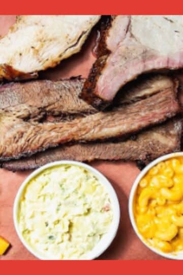 Traditional Texas barbecue sides on a wooden tray with pickles, crackers, onions, cheese, and white bread