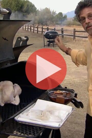 Steven Raichlen grilling fish tacos and burgers in Primal Grills for a Crowd