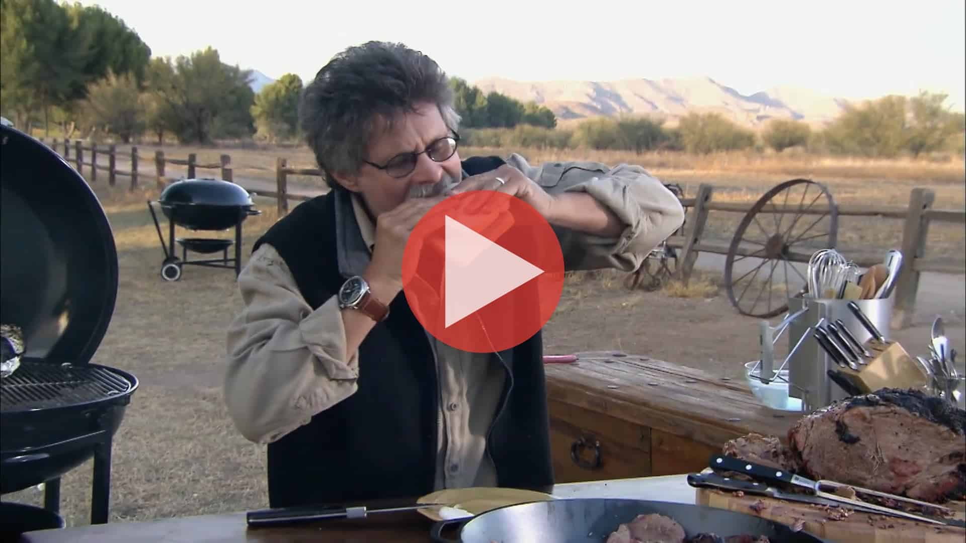 Steven Raichlen grilling lobster and beef in Burn in the USA