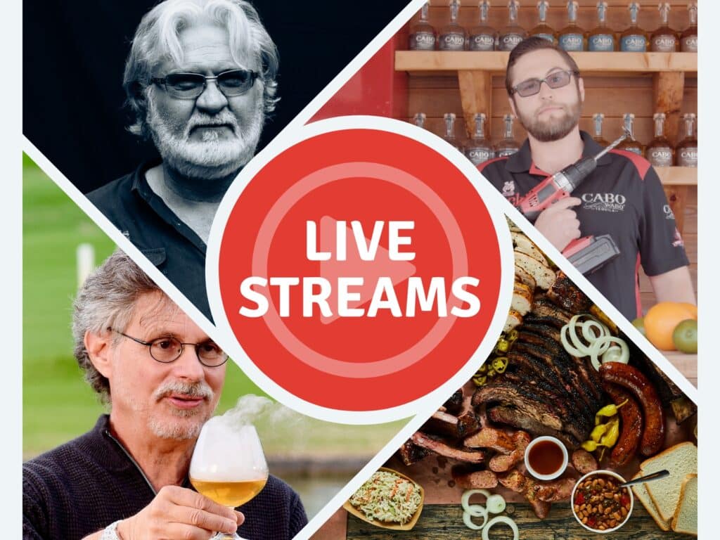 About 3 Myron Mixon, Michael Mixon, and Steven Raichlen gathered around a BBQ platter filled with smoked meats