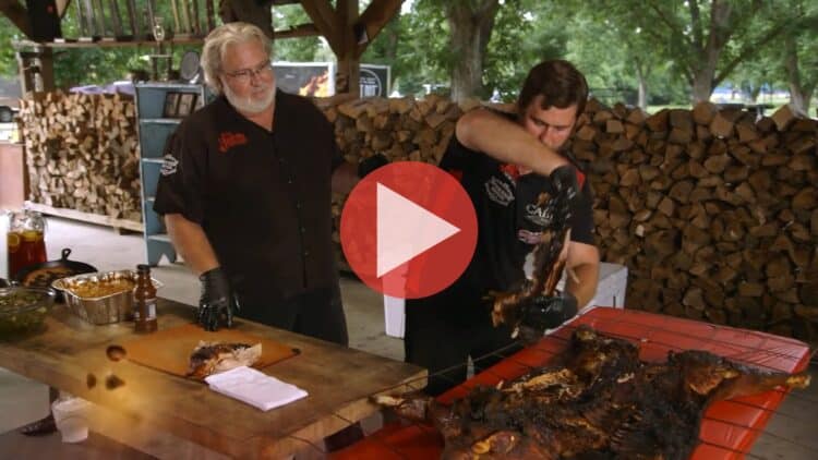 Myron Mixon, his son, and brother building a cinder block pit for whole hog barbecue on BBQ Rules