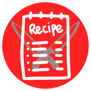 White line icon of a cookbook with flames on a red circular background