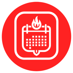 White line icon of a calendar and flame on a red circular background