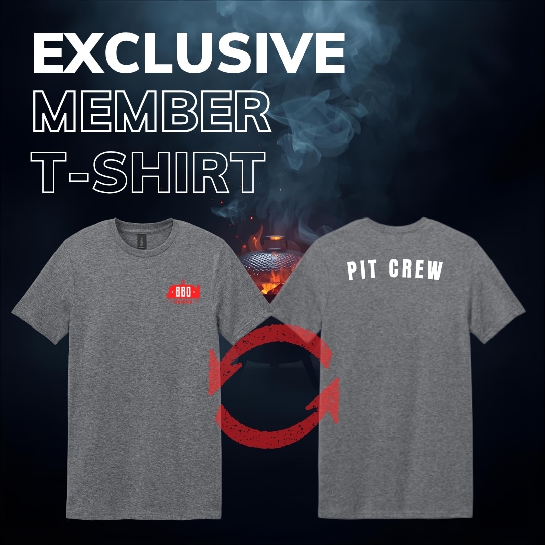 Front and back of the BBQ Warrior member-only T-shirt against a smoky backdrop.