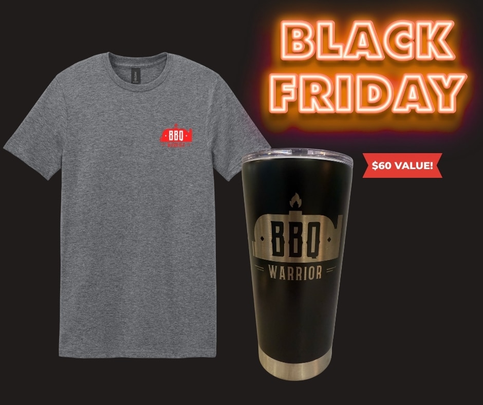 Front and back of the BBQ Warrior member-only T-shirt against a smoky backdrop.