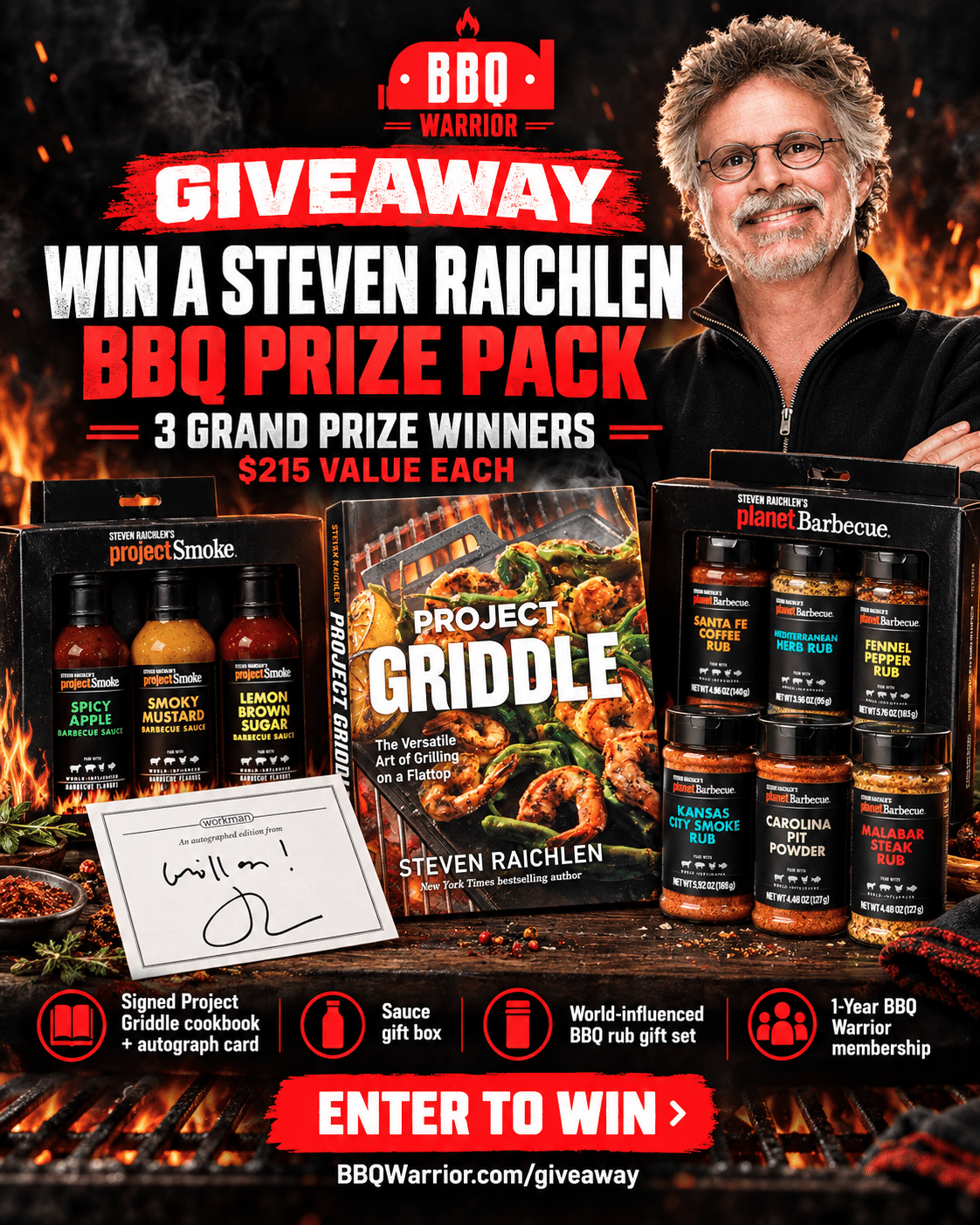 BBQ Warrior giveaway featuring a signed Steven Raichlen Project Griddle cookbook, sauce gift box, BBQ rub gift set, and one-year membership